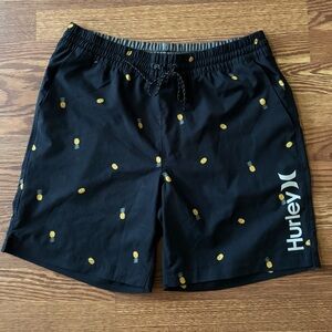 Men’s Hurley Black Swim Trunks Shorts with Yellow Pineapple Design Size Large